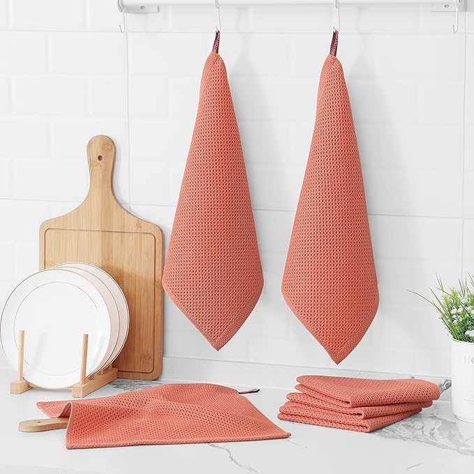 Kitinjoy 100% Cotton Kitchen Dish Cloths, 6 Pack Waffle Weave Ultra Soft