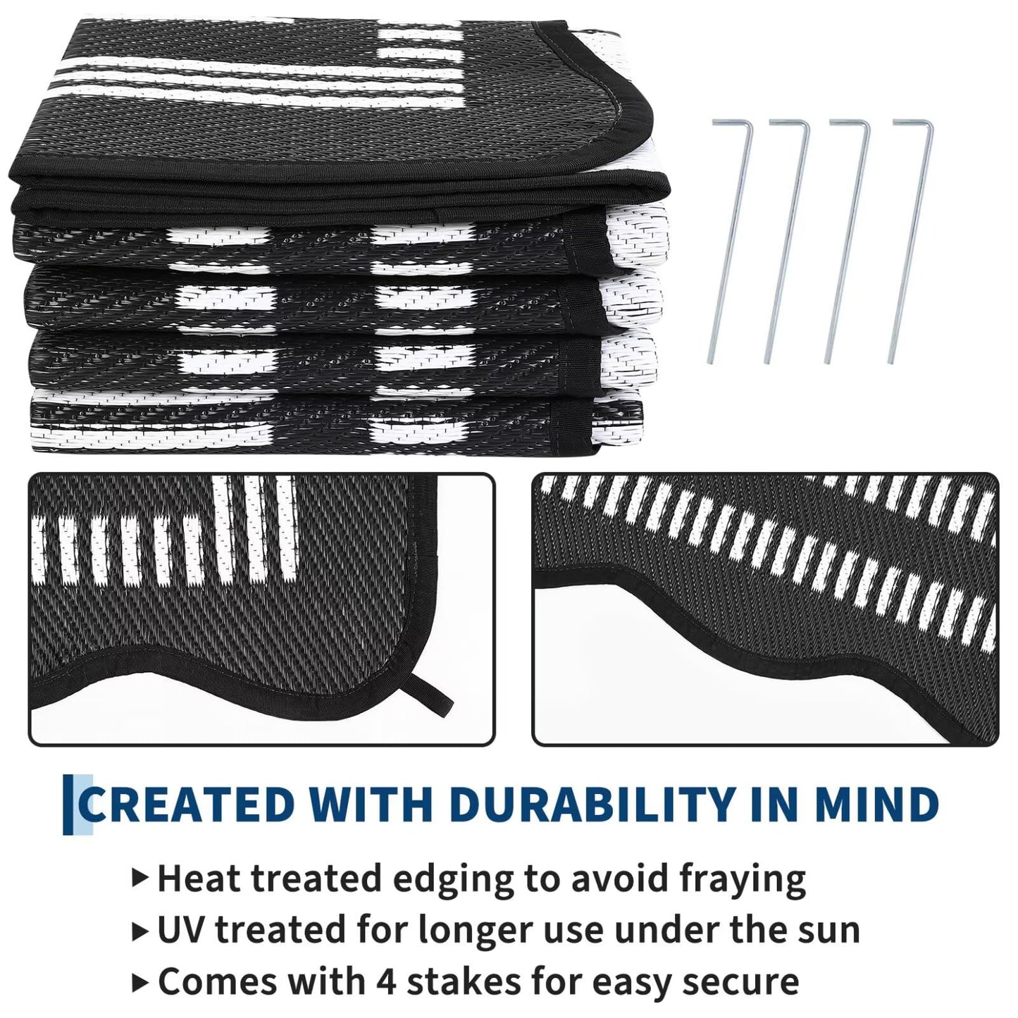Garvee Waterproof Outdoor Rug 9x18, Scalloped Geometric Foldable Plastic Straw Patio Camping Rug, Outdoor RV Carpet for Deck Camper Porch Balcony Backyard Picnic Beach Black and White