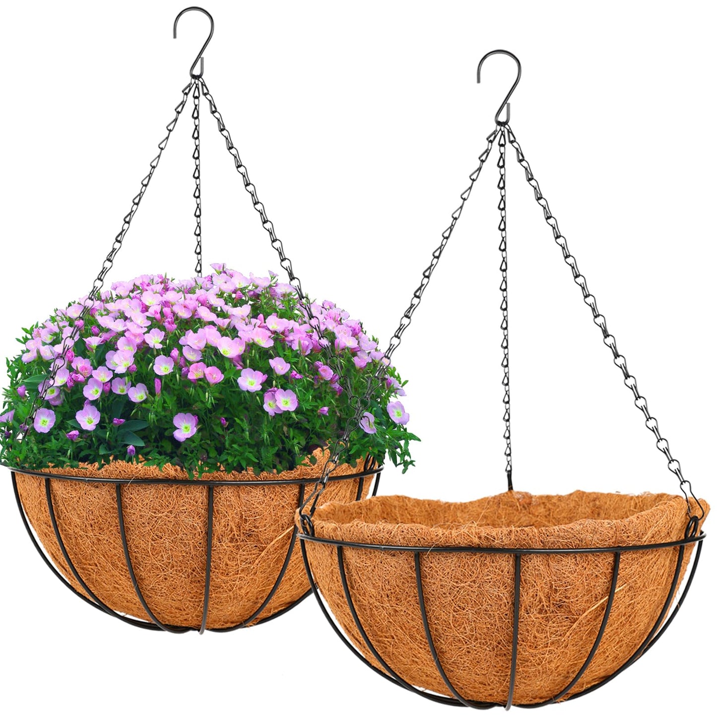 HKZ Hanging Basket Planter Plants Outdoor - 2 Pack 14 Inch Metal Hanging Planter with Coco Liners, Hanging Flower Pots with Chain Hook for Indoor Outdoor Garden Porch Decoration