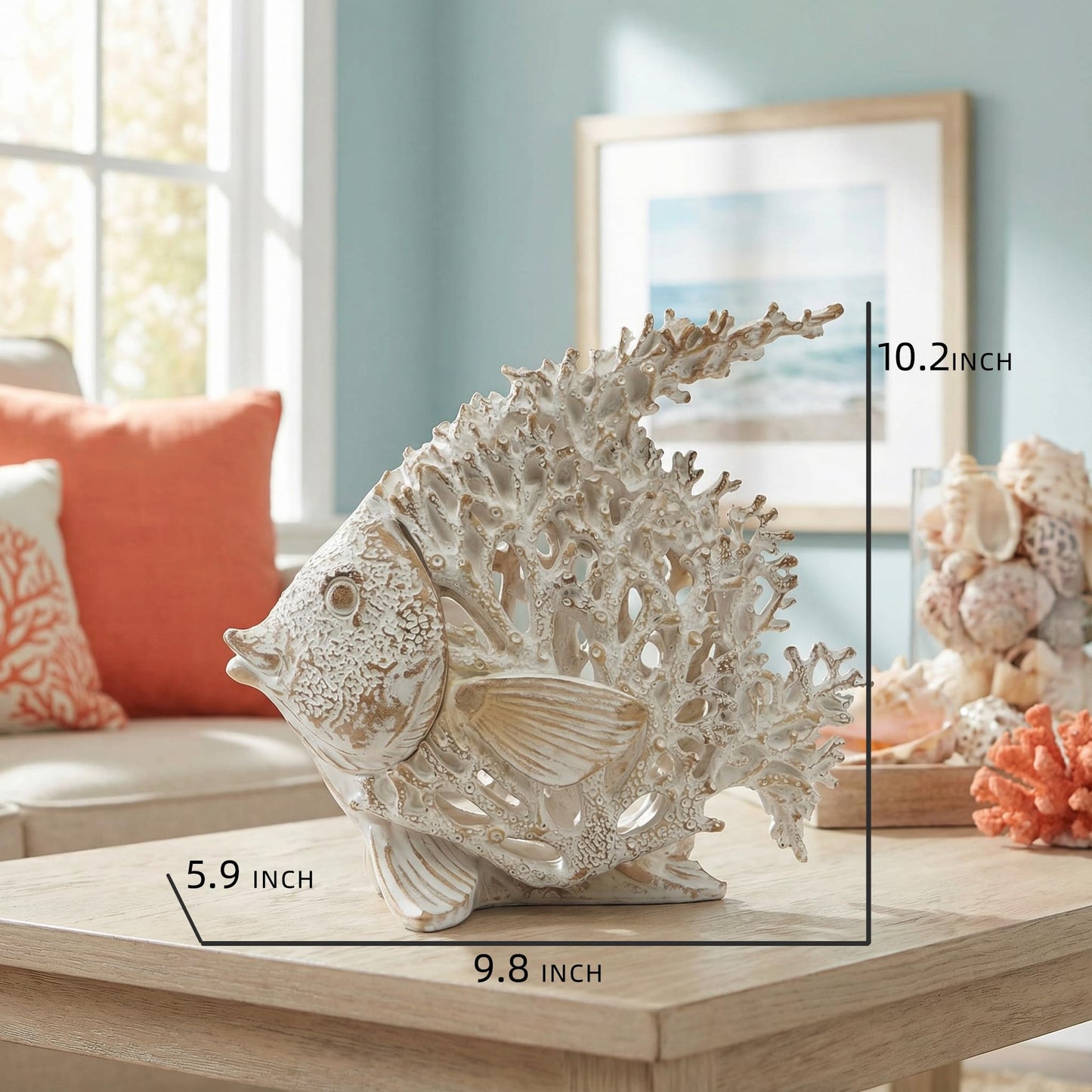 BGBWBFBR Coral Reef Angelfish Statue Coastal Beach Decor Ocean Nautical Figurine for Bathroom Home Office Tabletop Shelf 10in x 9.8 in Pearlescent Dusty Lavender Gray Fish Sculpture