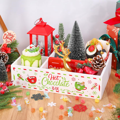 FYSUIMU Christmas Hot Cocoa Wood Storage Box Red-Green Xmas Rustic Wooden Organizer Bins Tabletop with 4 Compartments for Holiday Farmhouse Party Home Office Kitchen Decor