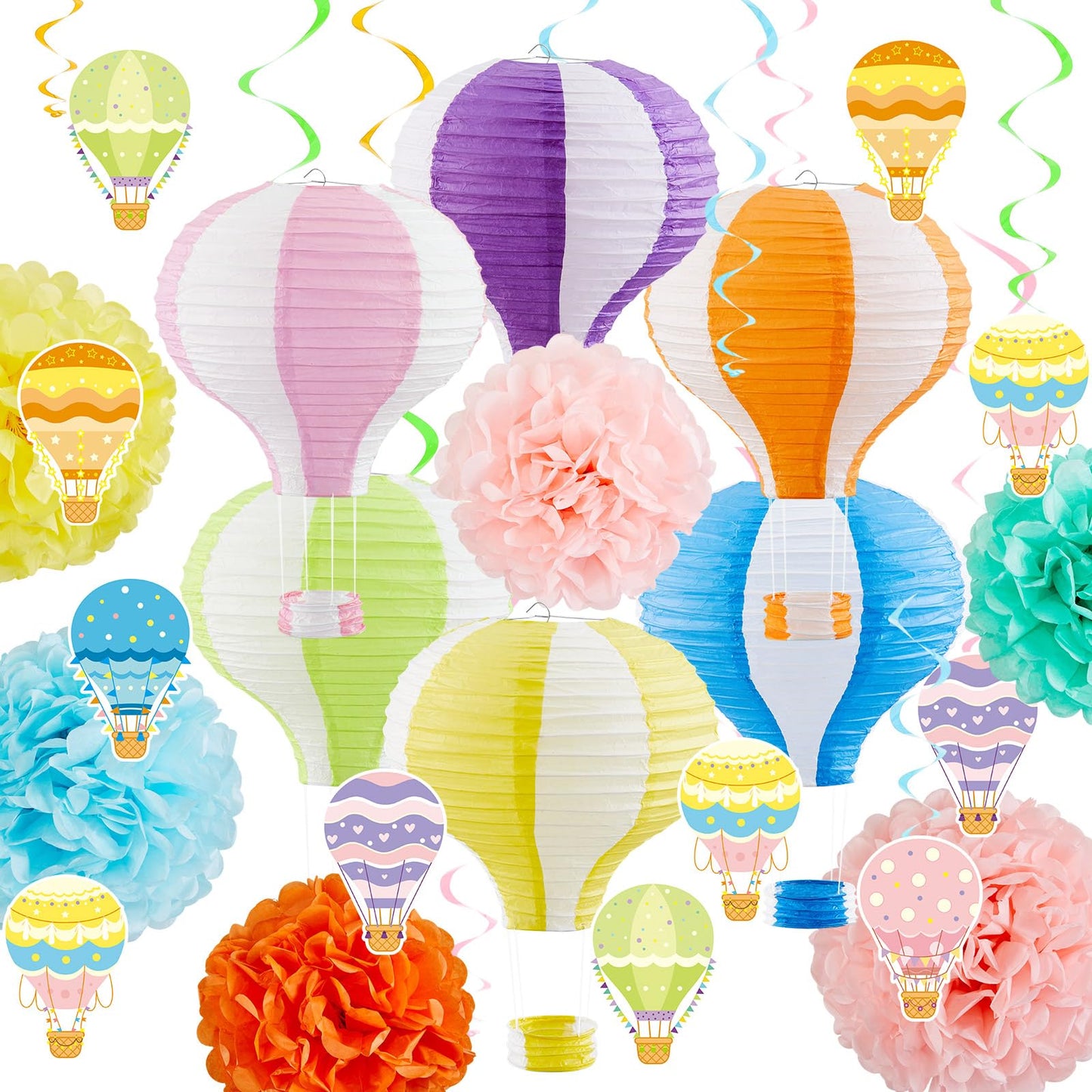 Hortsun 36 Pcs Hot Air Balloon Decorations Include 6 Hanging Hot Air Balloon Paper Lanterns 6 Paper Flowers 12 Hanging Cards 12 Spiral Decor for Wedding Birthday Anniversary Christmas Party Decor