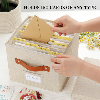 TARSUKA Greeting Card Organizer with dividers - Storage Box with lid Holds 150+ Cards - Assortment Box for Greeting Cards,Recipes, Photos, Envelopes, Keepsake - 9 x 9 x 7 Inches (Beige, 1 pcs)