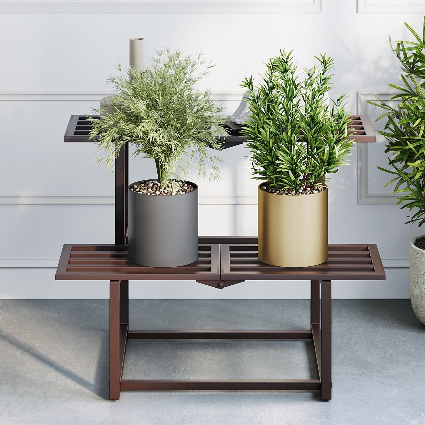 Rioneta Plant Stand Indoor Outdoor, Foldable Metal Plant Shelf for Multiple Pots, Mid Century Slatted Bench for Patio Garden, Heavy Duty Capacity 330 lbs 2 Tier Coffee