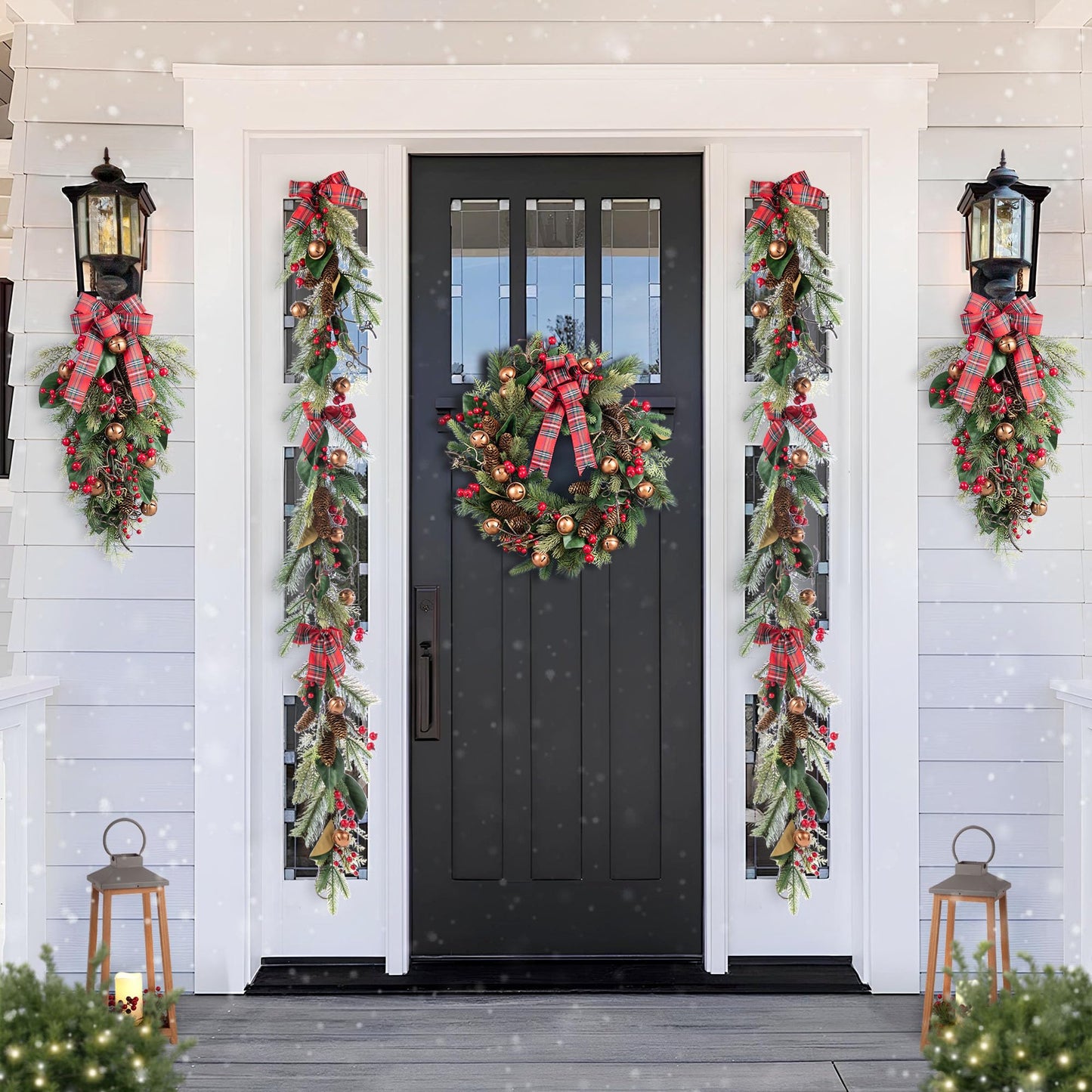 Glitzhome 6FT Christmas Garland with Bells, Pinecones, Berries and Bow Pre-Decorated Artificial Pine Greenery Decoration for Indoor, Fireplace Mantel, Staircase Banister