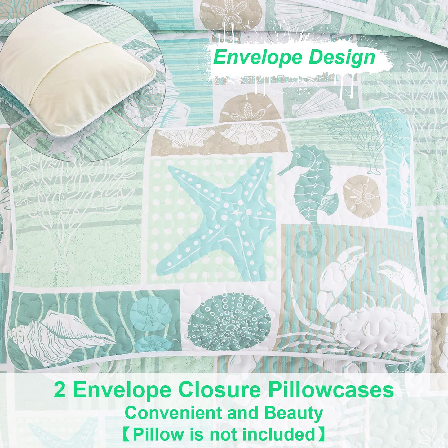 DJY 3 Pieces Quilt Set King Coastal Green Theme Quilt Coverlet Set Beach Reversible Bedspread with 2 Pillow Shams Soft Microfiber Coastal Bedding Quilt Set for All Season 104"x90"