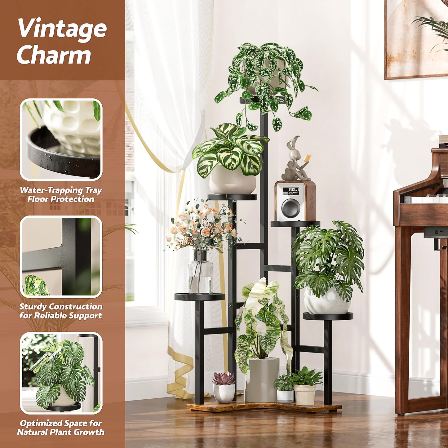 NQW 5 Tiered Plant Stand Indoor with 7.1 Inch Wide Tray, Corner Metal Plant Stand Outdoor Tall Flower Holder Stand, Tall Rack for Display Shelf for Patio Porch Office LivingRoom - BlackDisk