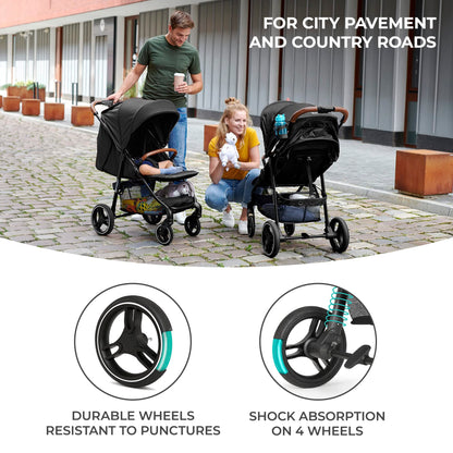 Kinderkraft GRANDE PLUS Stroller pushchair for toddlers from Birth to 22 kg, Extra-large hood, Lie-flat position, Folding with one hand, Shock absorption on all wheels, Gray