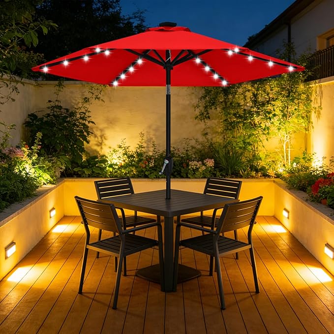 ABCCANOPY Durable Solar Led Patio Umbrellas with 24LED Lights 7.5FT (Red)