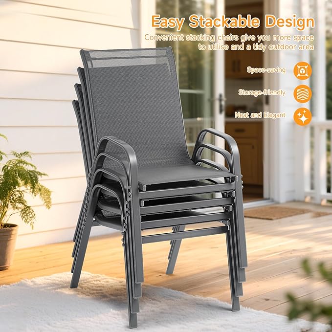 ONBRILL Patio Chairs set of 2, Easy Assembly Stackable Outdoor Dining Chairs with Wide Seat and Sturdy Metal Frame, Breathable All Weather Textilene Outdoor Chairs Set of 2 for Deck, Pool, Porch, Grey