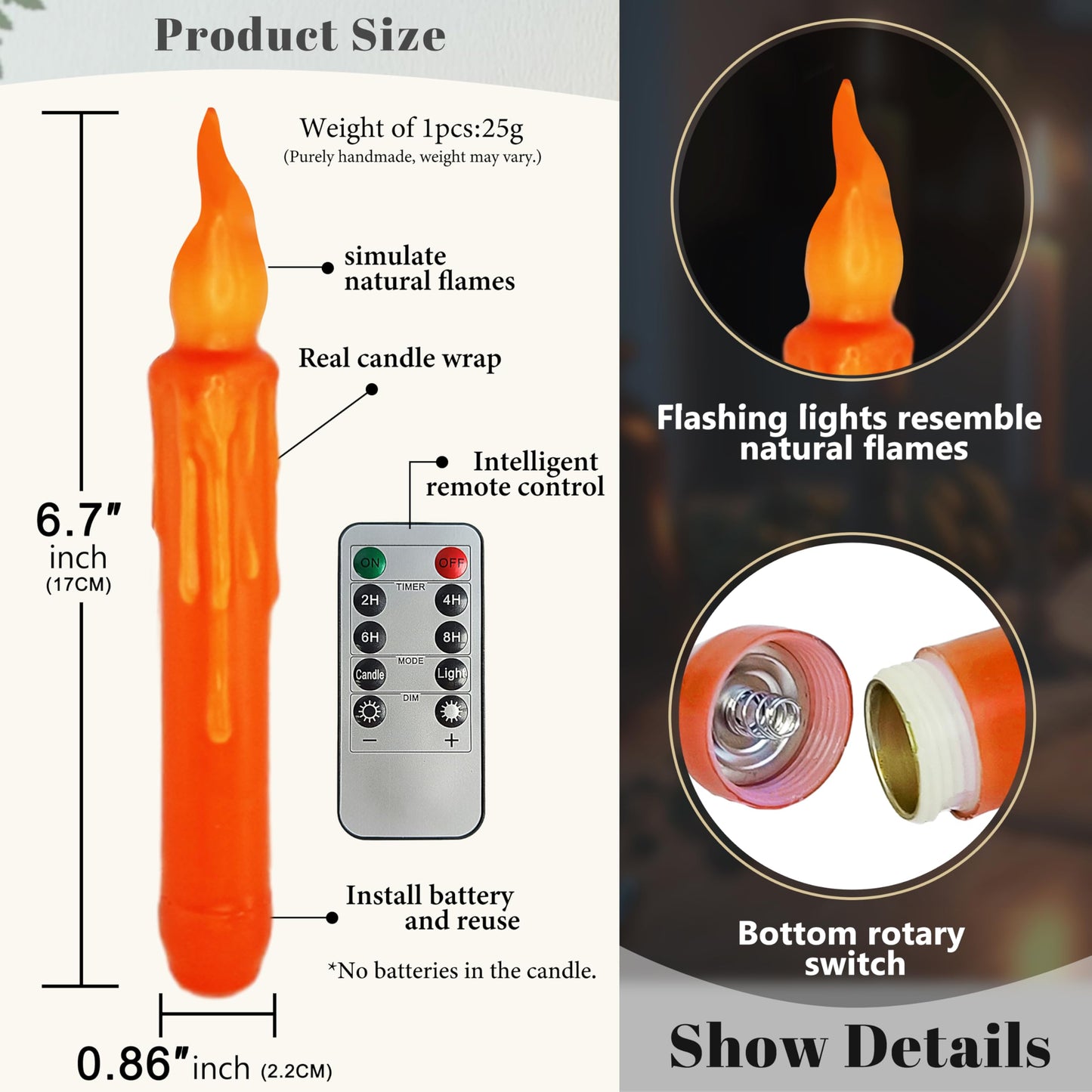 FCMSHAMD Orange Flameless Short Taper Candles, Real Wax Hand Dipped LED Battery Operated with Remote, Flickering Flame Lights for Festival Party Home Décor, 6.7 Inch Primitive Flameless Candles, 4PCS