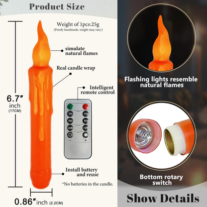 FCMSHAMD Orange Flameless Short Taper Candles, Real Wax Hand Dipped LED Battery Operated with Remote, Flickering Flame Lights for Festival Party Home Décor, 6.7 Inch Primitive Flameless Candles, 4PCS