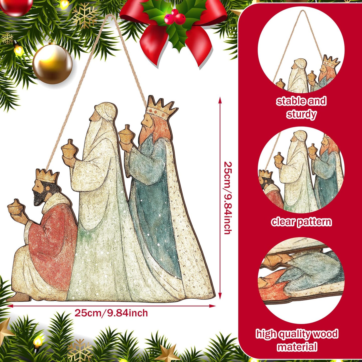 Anglechic Christmas Nativity Scene Door Sign Three Wise Men Wooden Front Door Signs Reyes Magos Hanger Wreath for Holiday Porch Wall Window Fireplace Indoor Home Christmas Decor