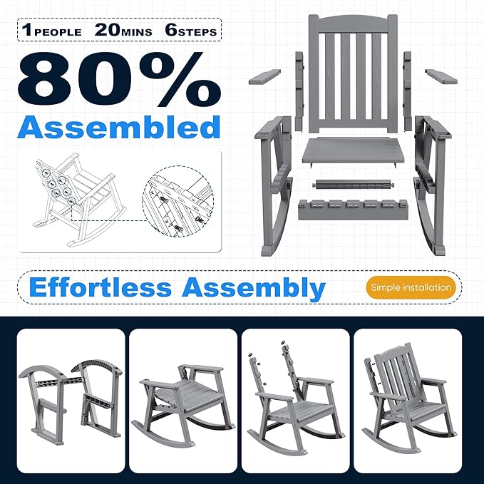 Devoko PP Material Rocking Chair Outdoor Indoor All Weather High Back Patio Rocker for Adult Heavy Duty Rocking Chair for Patio Backyard Porch Garden (Heavy Duty, Gray)