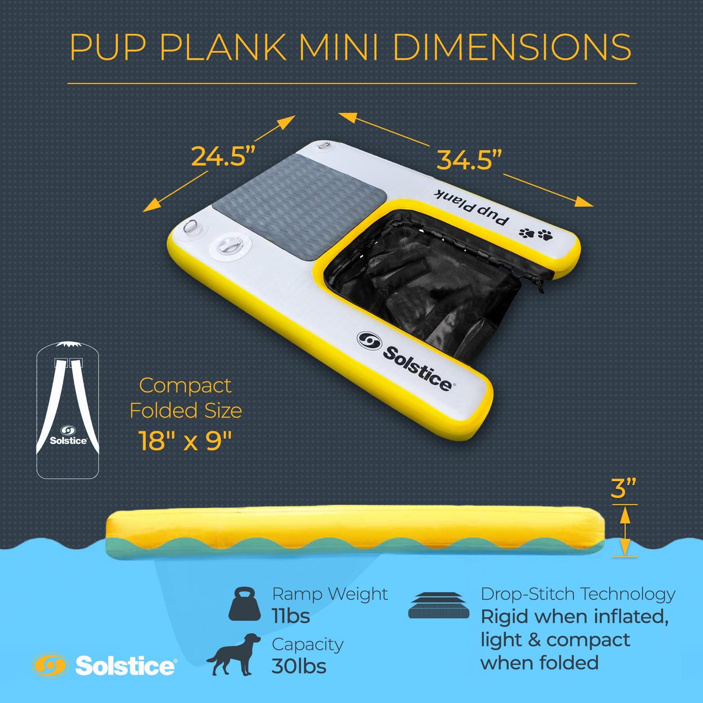 SOLSTICE Inflatable Pup Plank, Dog Water Ramp for Boats & Docks, Mini, 30 lb Capacity - Floating Platform for Pets for Lake, River, Beach & Swimming Pool, Includes Pump, Patent-Protected Design
