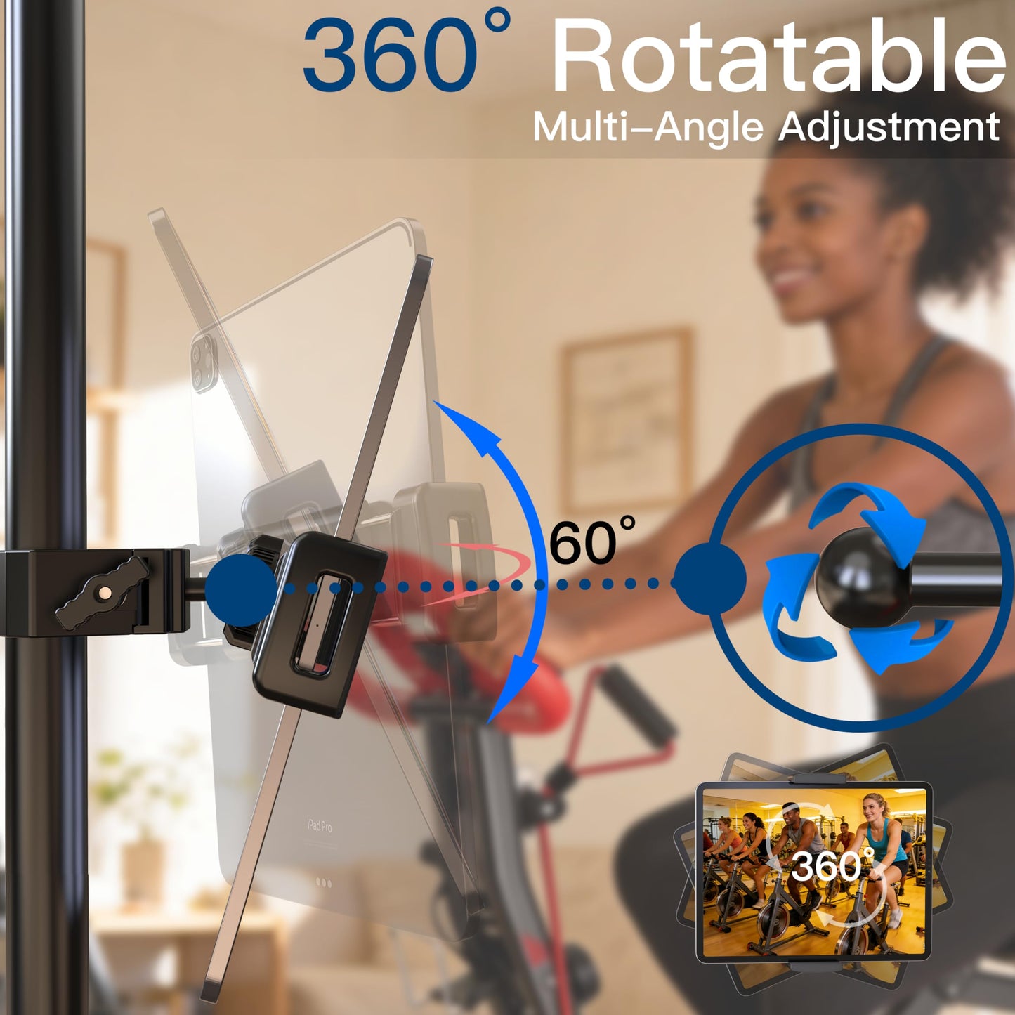 VasSmtCPH Spin Bike Tablet Holder Super Crab Handlebar Climp Mount for Gym,Treadmill,Stroller,Handlebar,Shopping Cart,Golf Cart Compitable with 4.7~12.9" iPad Switch iPhone e-Reader
