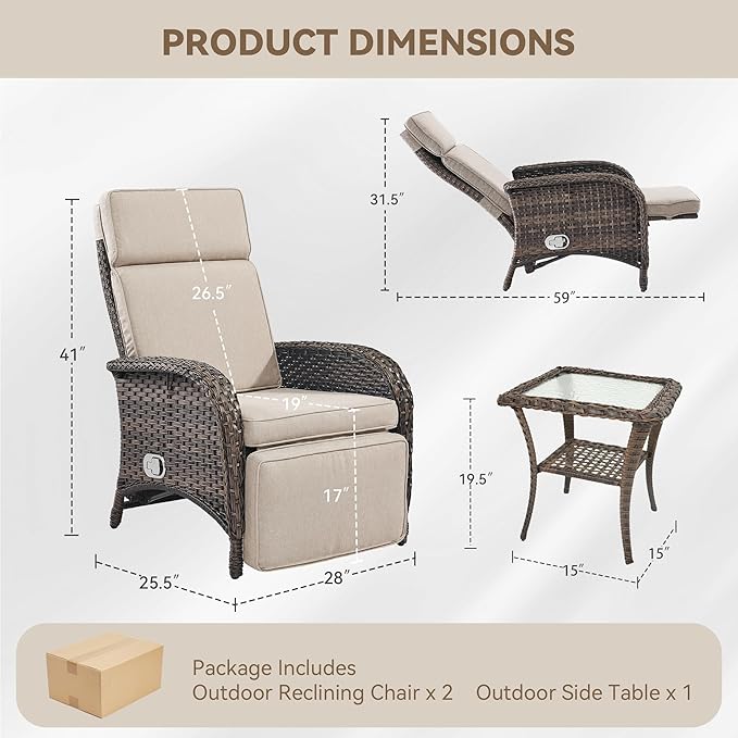 3 Pieces Zero Gravity Wicker Patio Recliner Chairs Set of 2 - Wicker Outdoor Lounge Chair with Side Table, Adjustable Backrest & Footrest, High Back Outdoor Recliner Chair for Pool Deck Beige