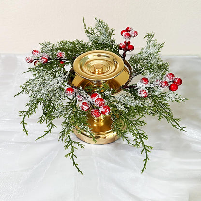 Small Christmas Wreath Candle Rings Artificial Cedar Cypress Wreaths with Red Berries, Candle Holders for Holiday Table Centerpiece Decor (Candle Rings 04)