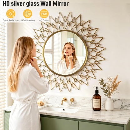 Qiqiong 36" Large Gold Sunburst Wall Mirror - Mid Century Modern Round Starburst Mirror with Metal Radiating Frame - Statement Decorative Wall Art for Living Room, Entryway, Fireplace Mantel