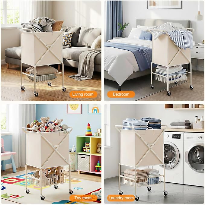 Laundry Basket with Wheels:88L Rolling Laundry Cart Foldable Metal Frame Dirty