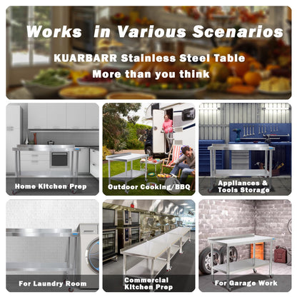 KUARBARR Stainless Steel Table for Prep & Work with Undershelf 24 x 36 Inches NSF Metal Commercial Kitchen Prep Table with Adjustable Under Shelf Worktable for Restaurant Home Outdoor