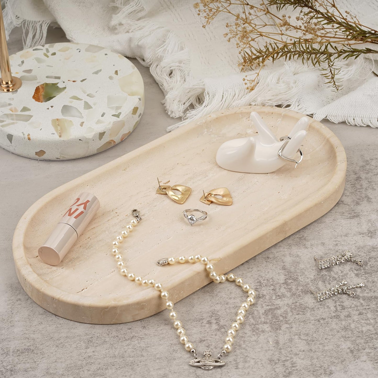 Koville Italian Travertine Tray, 12"x6" Vanity Decorative Marble Tray for Countertop, Catchall Tray for Perfume, Candles, Jewelry Dish Tray