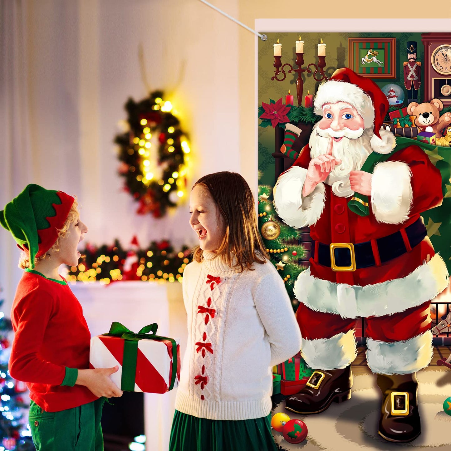 Christmas Door Cover Decoration Santa Claus Front Door Cover Xmas Hanging Banner Santa Background for Home Holiday Christmas Decoration