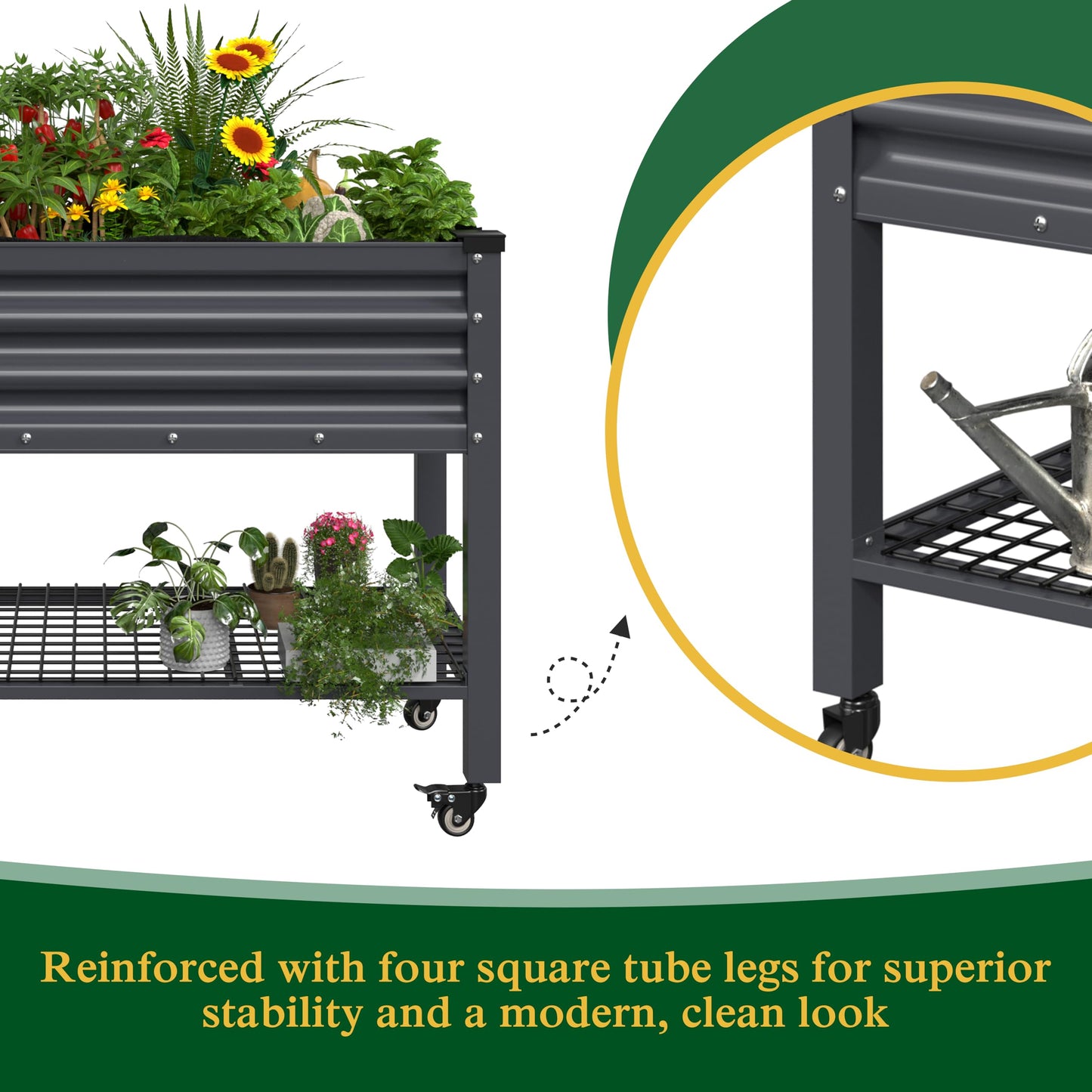 VEIKOU 48 x 24 x 34in Galvanized Steel Raised Garden Bed for Outdoor with Shelf and Casters, Drainage Holes, Steel Planter Box for Gardening Vegetable Flower Herb, 507 lbs Capacity, Gray