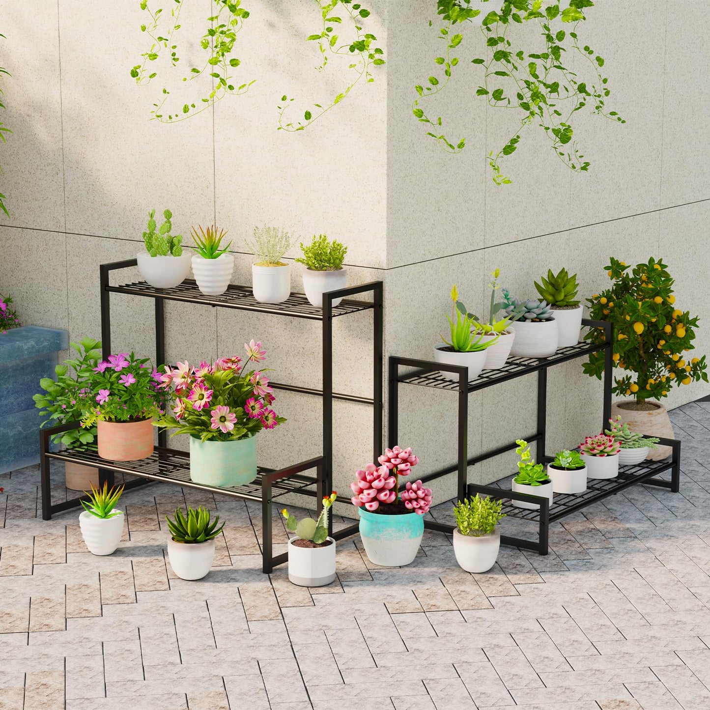 Garden 4 you 4 Tier Stair Style Large Metal Plant Stand Stackable, Garden Display Shelf Flower Pot Holder Storage Organizer Rack for Indoor Home Outdoor Patio Balcony Yard( Black,Rectangle)