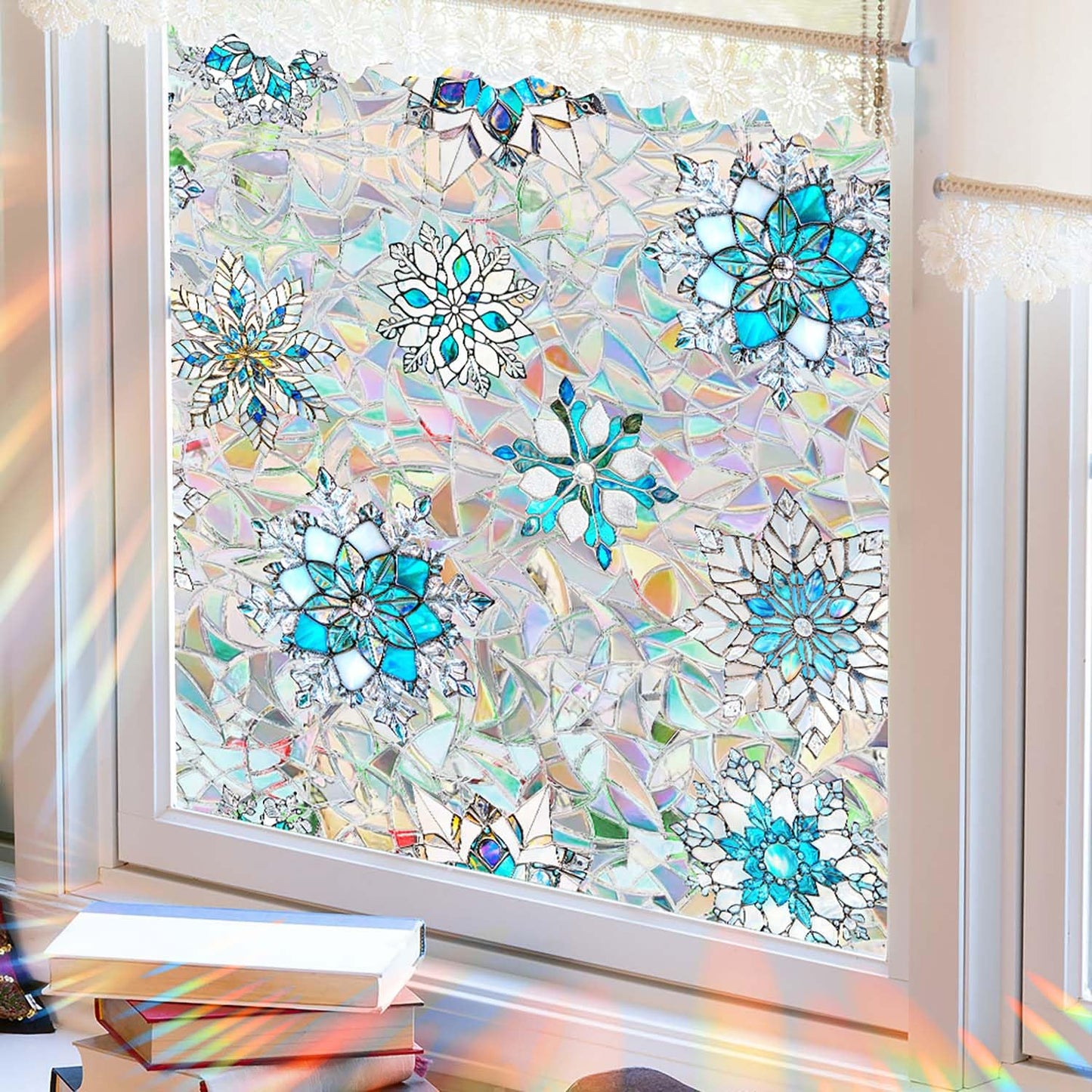 Snowflake Window Film, Stained Privacy Rainbow Window Sticker, Christmas Glass Decals, Static Cling Non Adhesive Door Clings UV Blocking, 17.7" x 43.3"