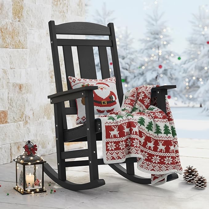 LUE BONA Rocking Chair Outdoor, Weather Resistant Poly Plastic Rocker Chairs, 350lb Heavy Duty, Oversized Porch for Adult, High Back Smooth Chairs Outdoor & Indoor, Black