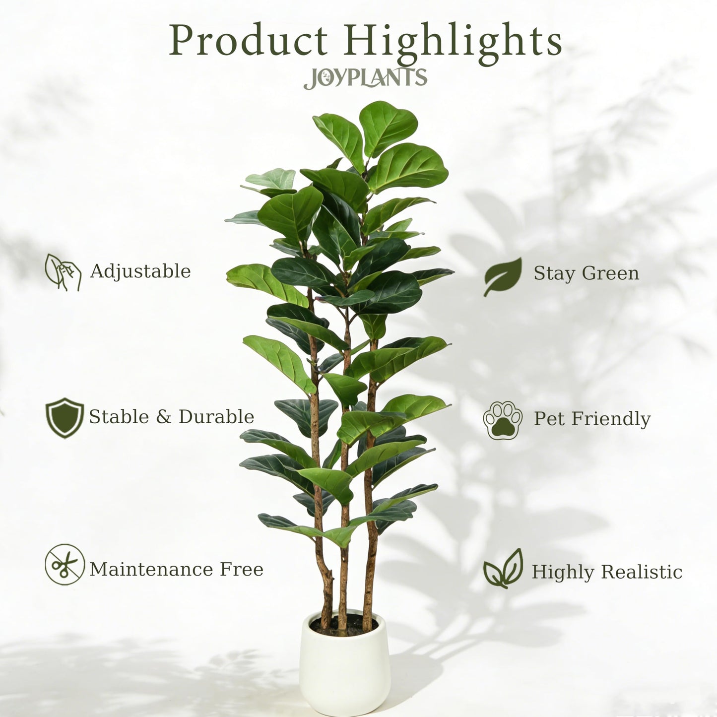 Joyplants 5ft Fake Fiddle Leaf Fig Tree, Realistic Fake Plants with Natural-Looking Trunk, Evergreen Faux Plants Indoor for Home & Office Decor（3 Poles, White Pot）