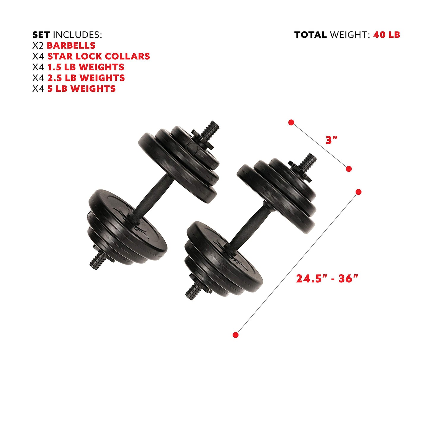 Sunny Health & Fitness Exercise Vinyl 40 Lb Dumbbell Set Hand Weights for Strength Training, Weight Loss, Workout Bench, Gym Equipment, and Home Workouts