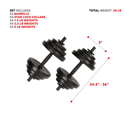 Sunny Health & Fitness Exercise Vinyl 40 Lb Dumbbell Set Hand Weights for Strength Training, Weight Loss, Workout Bench, Gym Equipment, and Home Workouts