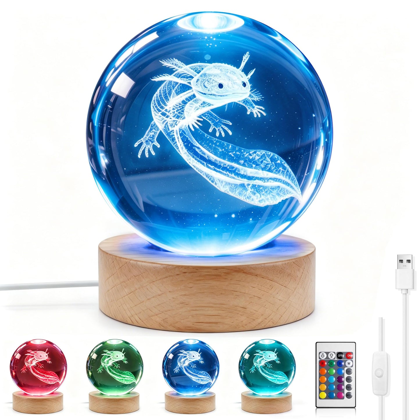 Ddlisu Axolotl Night Light, 3.15 inch 3D K9 Crystal Ball Lamp, 16 Colors Change, Wooden Base, Axolotl Lamp with Remote Control, Birthday Holiday Gifts for Boys Girls Friends