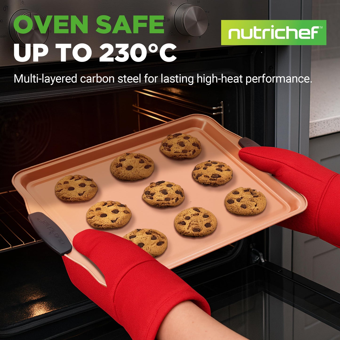 NutriChef Baking Tray Set, Oven Baking Pans, 3 Piece Non-Stick Kitchen Oven Trays, Stackable Carbon Steel Baking Set, Cookie Sheet, Copper Metal Bakeware w/Black Silicone Handles, 3Pc