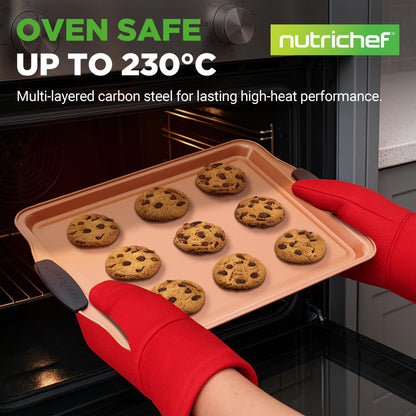 NutriChef Baking Tray Set, Oven Baking Pans, 3 Piece Non-Stick Kitchen Oven Trays, Stackable Carbon Steel Baking Set, Cookie Sheet, Copper Metal Bakeware w/Black Silicone Handles, 3Pc