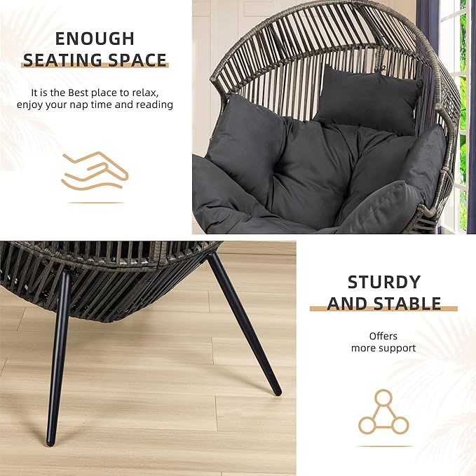 Vongrasig Wicker Egg Chair PE Rattan Chair with Cushion, Oversized Patio Lounge Chair for Outdoor, Indoor, Balcony, Backyard, Garden, Living Room, (Black/Rattan)