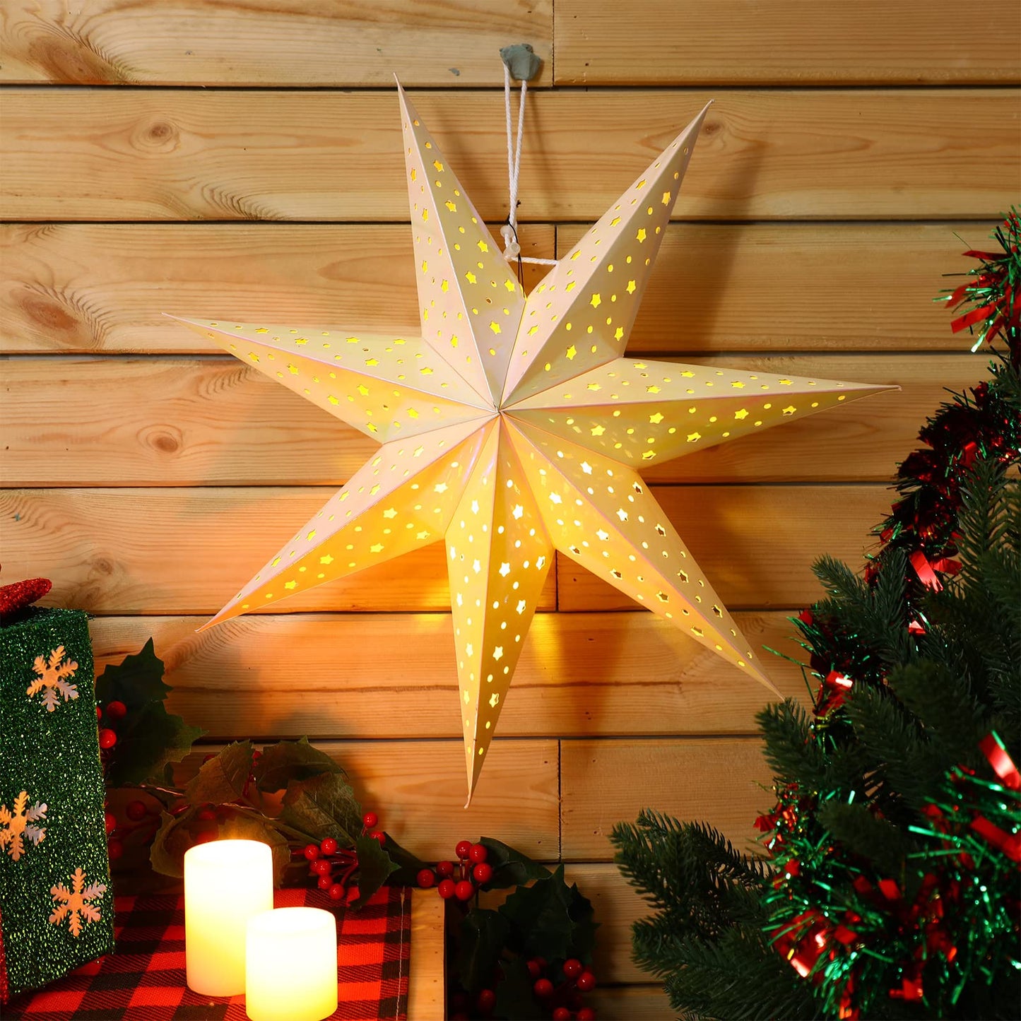 Mudder 19.7 Inch Christmas Star Paper Lantern 7 Pointed Christmas Window Lantern with 10 LED Light Strings Hanging Pendant Xmas Tree Ornaments for Holiday Decor Home(Classic,Holographic Rainbow)