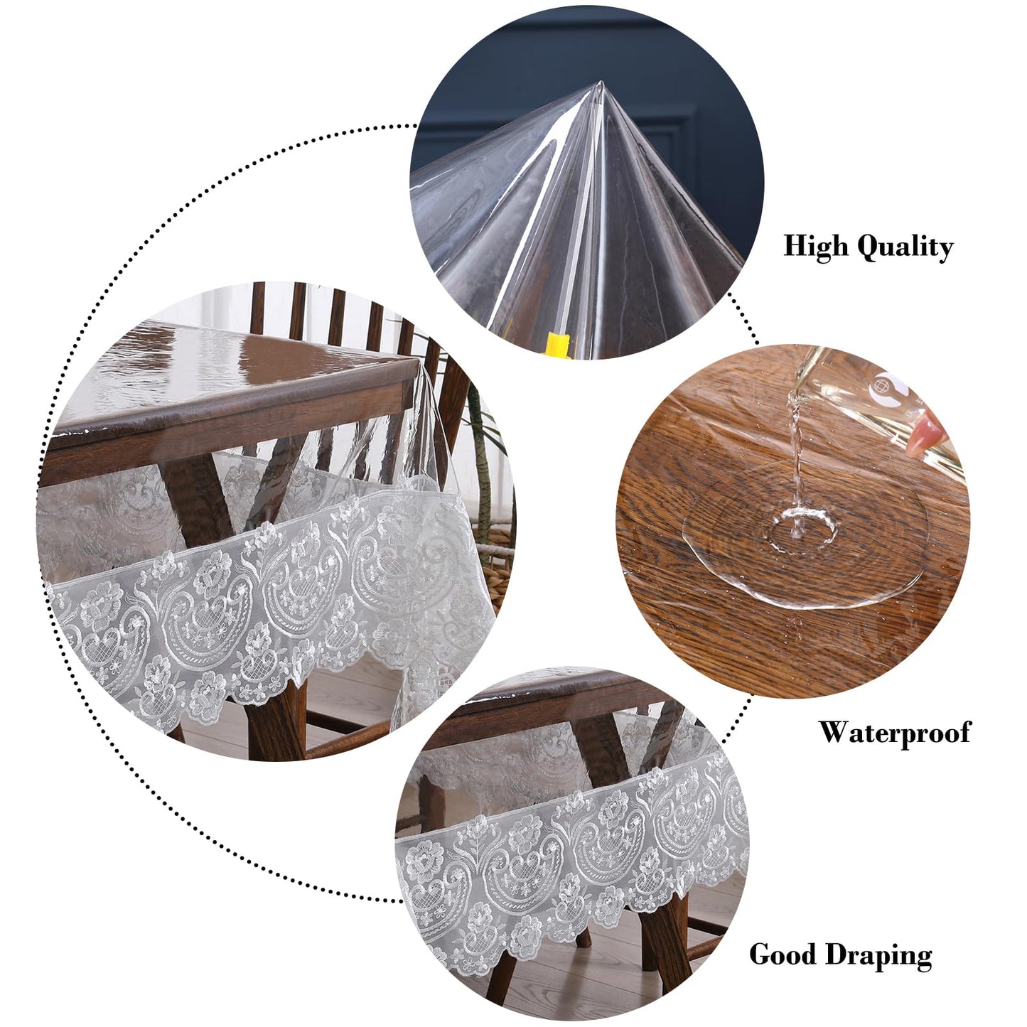 Rakila Clear Plastic Rectangle Tablecloth Vinyl Waterproof Table Cloth Embroidered Lace Edge Transparent Table Cover for Dining Kitchen Outdoor(60 x 106 inch, White)