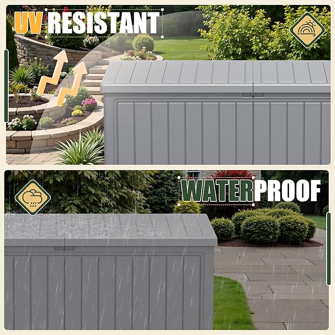 JUMMICO 270 Gallon Outdoor Storage Deck Box with Divider, Double Wall Storage Box with Lockable Lid for Garden Tools, Pools Supplies (Gray)