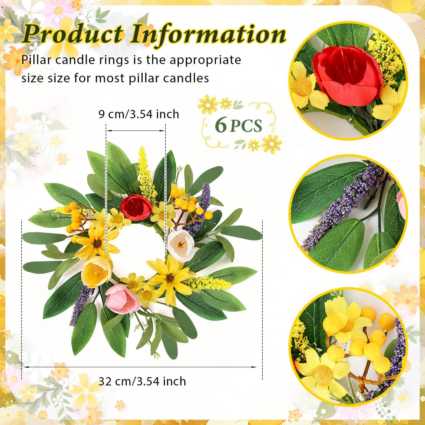 6 Pcs Spring Candle Rings Wreaths Spring Wreaths for Front Door 9'' Small Tulip Floral Candle Holder Rings for Window Front Door Flowers Wedding Anniversary Party Decoration