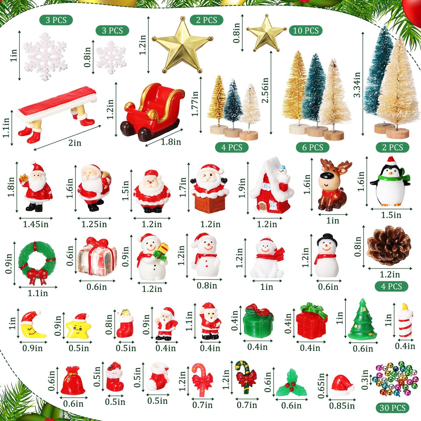 Roowest 96 Pcs Miniature Ornaments for Snow Globe Kit DIY Christmas Village Decoration Christmas Figurines Mini Ornaments with Snowman Reindeer Santa Claus Snowflake(Beige Teal Gold)