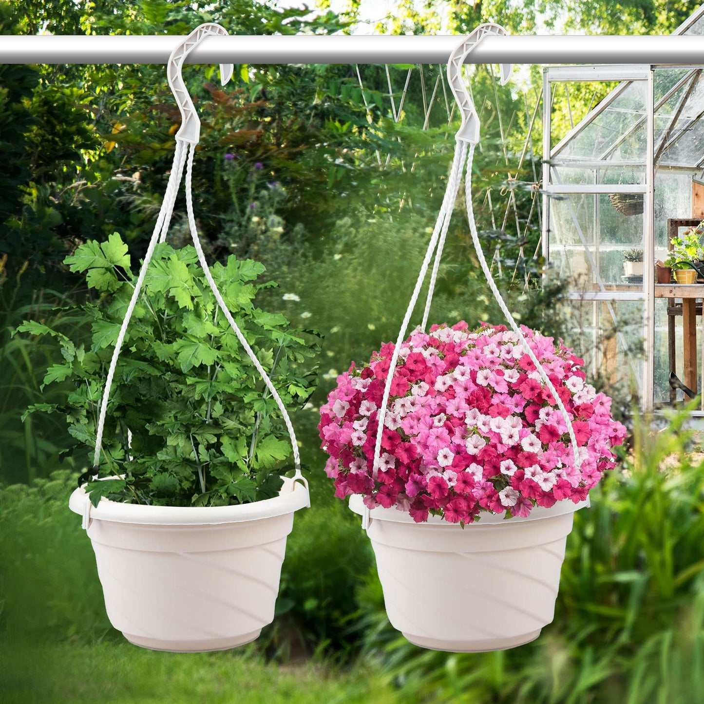 VIDELLY 4 Pieces Plastic Hanging Planters, 5.9 in Dia x 3.54 in H, Small Flower Plant Basket Pots Chain Holder Garden Decoration for Indoor and Outdoor Use, Beige White
