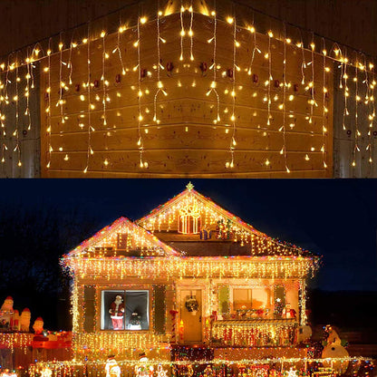 DEPOVOR Christmas LED Icicle Curtain Fairy Lights Outdoor Indoor Hanging String Lights 32.8ft 400 LED 8 Modes Lights for Xmas/Party/Easter/Thanksgiving/Halloween/Wedding Decorations (Warm White)