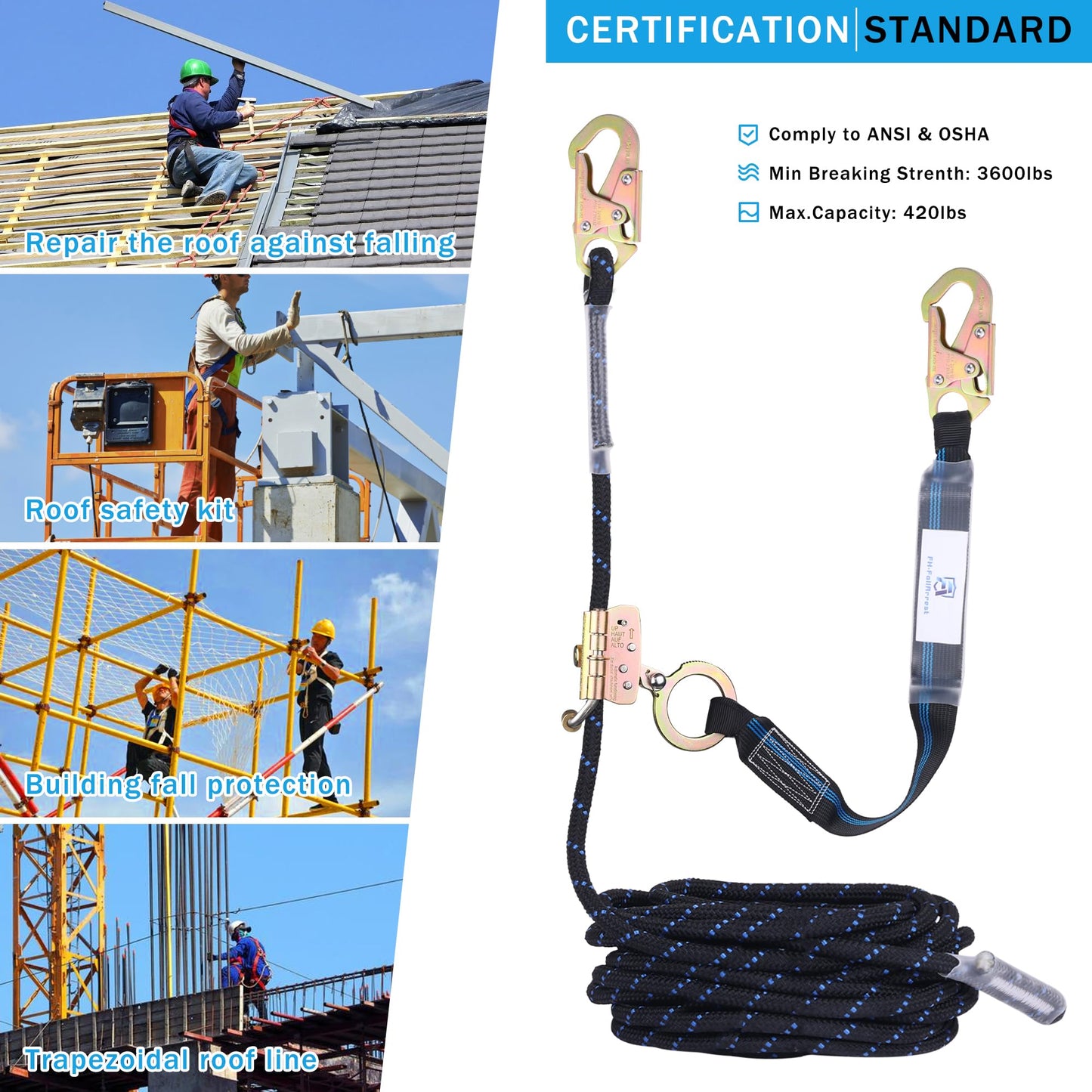 FHFallArrest 50FT Vertical Lifeline Assembly with Alloy Steel Anti-Panic Rope Grab Snap Hook Shock Absorb Lanyard, Fall Protection Rope Safety Climbing Equipment Roofing Safety Kit, CE ANSI OSHA Rated