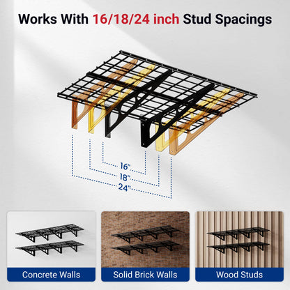 FLEXIMOUNTS 2-Pack 2x6ft Garage Shelving 24-inch-by-72-inch Heavy Duty Wall Mounted Shelves Garage Storage Rack Floating Shelves, 1400lbs Load Capacity, Black, Classic Series
