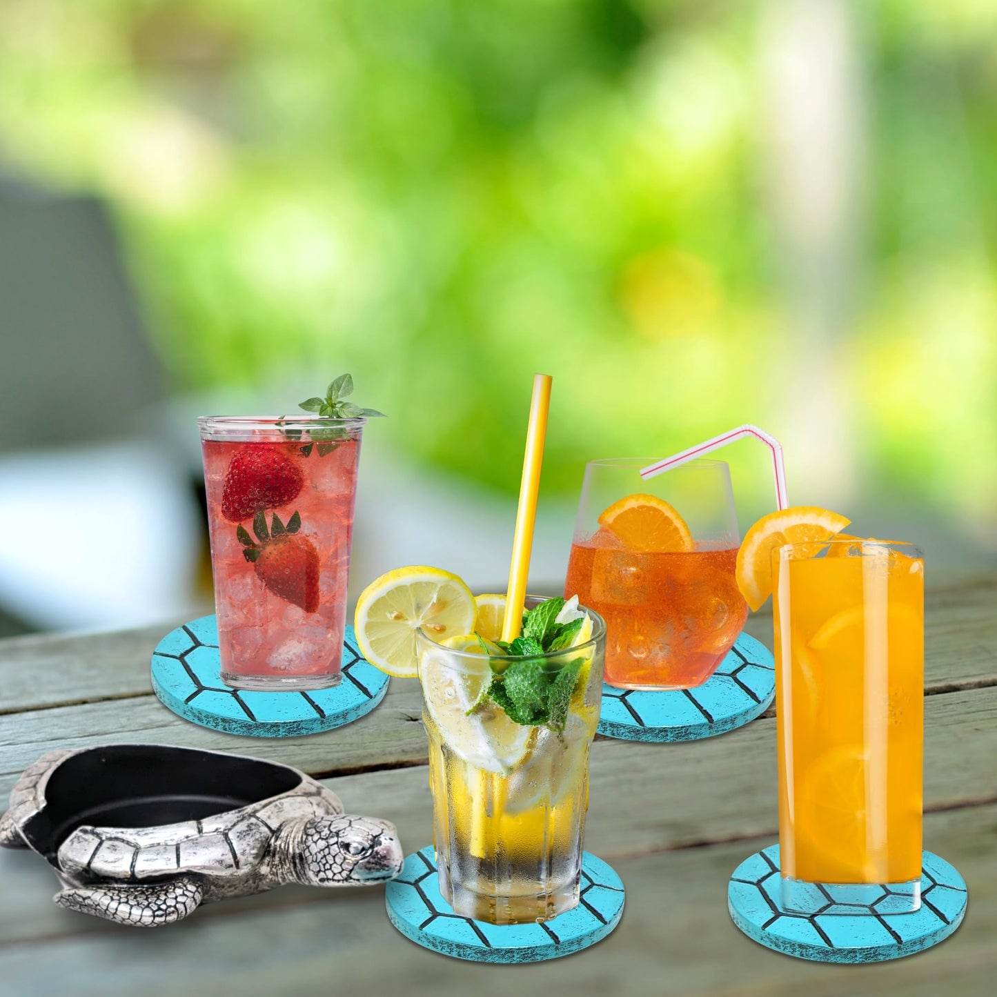 Sea Turtle Coaster Set with Holder – 4 Nautical, Ocean, and Tropical Silver & Turquoise Resin Coasters – Coastal Beach Home, Bar, Kitchen, or Dining Room Décor – Ideal Gift for Sea Life Lovers