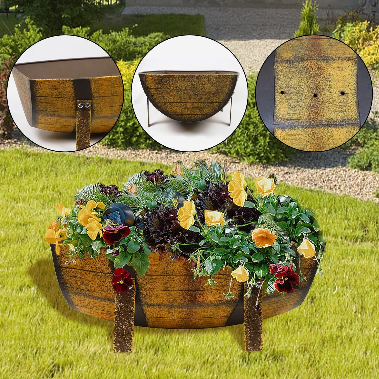 Aoutrow 15.43In 2 Pack Rustic Barrel Planters, Decorative Outdoor Garden Backyard Planter with Legs, Metal Flower Pot Half Barrel Planter Box, Brown