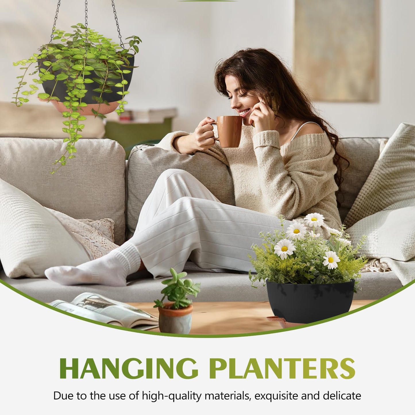 GARDIFE Hanging Planters for Indoor Outdoor Plants, 2 Pack Self Watering Hanging Pot with Drainage Holes & Removable Tray (Black, 10 inch)